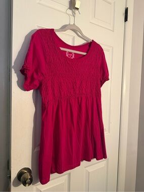 Smocked Short-Sleeve Tunic Top — Bright Pink